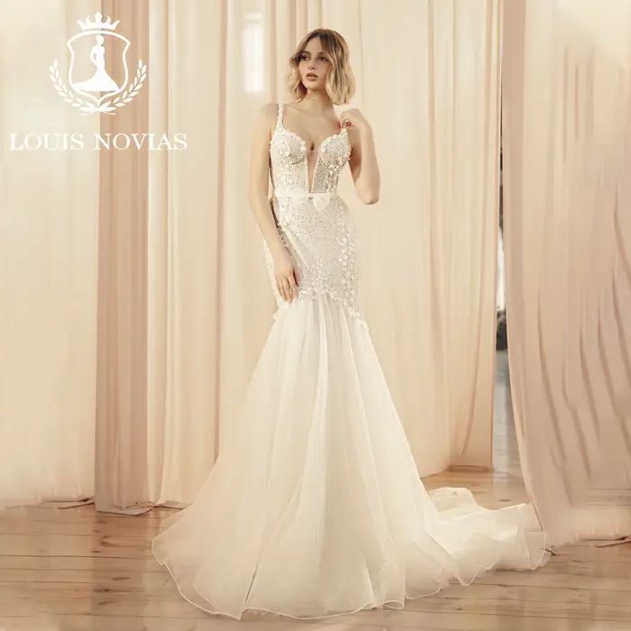Modis-Robe de mariée sirène sexy, bretelles spaghetti, broderie perlée, cristal, robe de mariée éduc