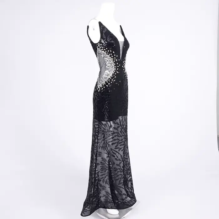 Robe de soirée transparente sexy à paillettes en V profond