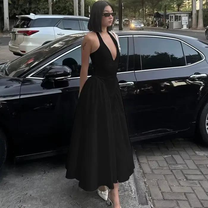 Dames été soirée nouvelle mode robe femmes sans manches dos nu col en v Sexy anniversaire longues ro