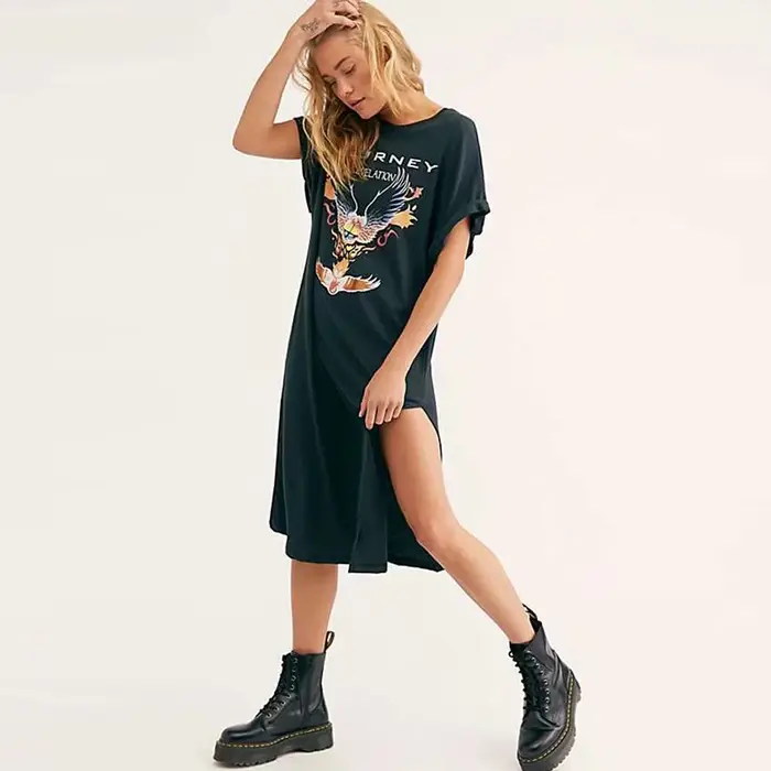 TEELYNN-Robes noires scopiques pour femmes, T-shirt imprimé noir vintage, robe longue ample décontra