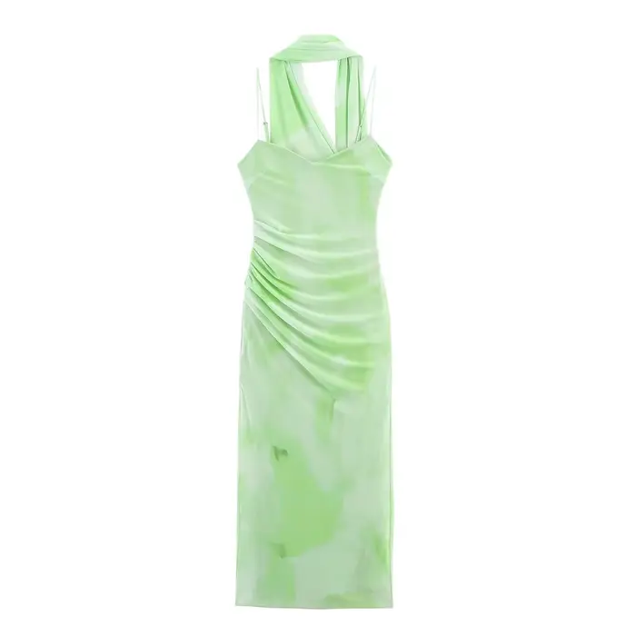 HH femmes vacances d'été vert clair romantique écharpe décorée Tulle robe mi-longue femme dos nu min