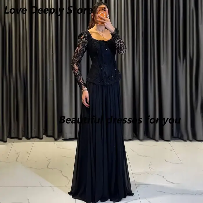 Robe de soirée noire longue en polyester avec dentelle perles et plissé pour mariage et événement spécial personnalisé