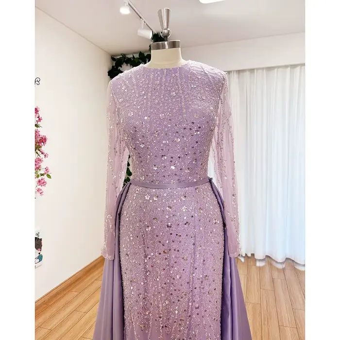 Robe de soirée musulmane élégante col rond manches longues style sirène traîne détachable paillettes robe de bal personnalisée occasions spéciales