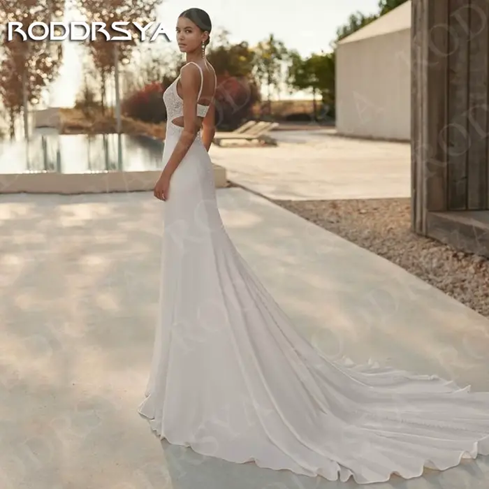 Robe de mariée sirène personnalisée en polyester satinée avec châle dentelle pour femmes, col en V, dos ouvert, train de balayage, style bohème, occassions spéciales