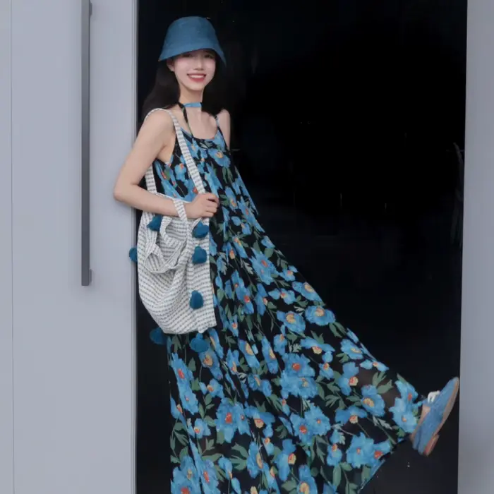 Robe longue de plage style français sans manches à bretelles pour femme, motif floral bleu, en gaze 