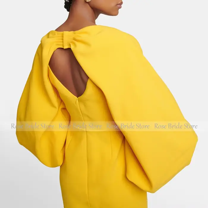 Robe de cocktail personnalisée jaune mangue col bateau manches bouffantes coupe colonne longueur thé pour femmes occasions spéciales