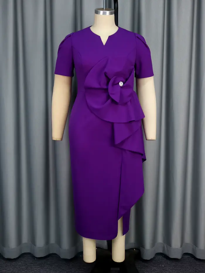 Robe mi-longue vintage violette élégante à manches courtes col en V superposé à volants pour femme occasions formelles dîner soirée chic