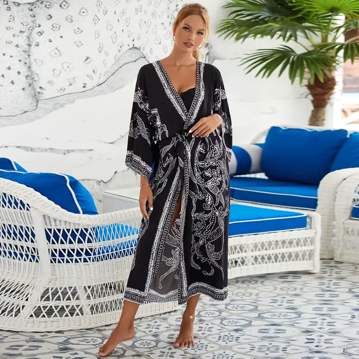 Manteau de plage imprimé en rayonne européenne et américaine pour femmes, cardigans de protection so