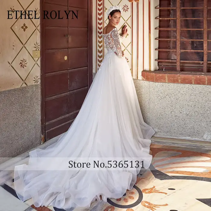 ETHEL ROLYN a-ligne De mariée avec robe col bateau charmante perles Appliques paillettes