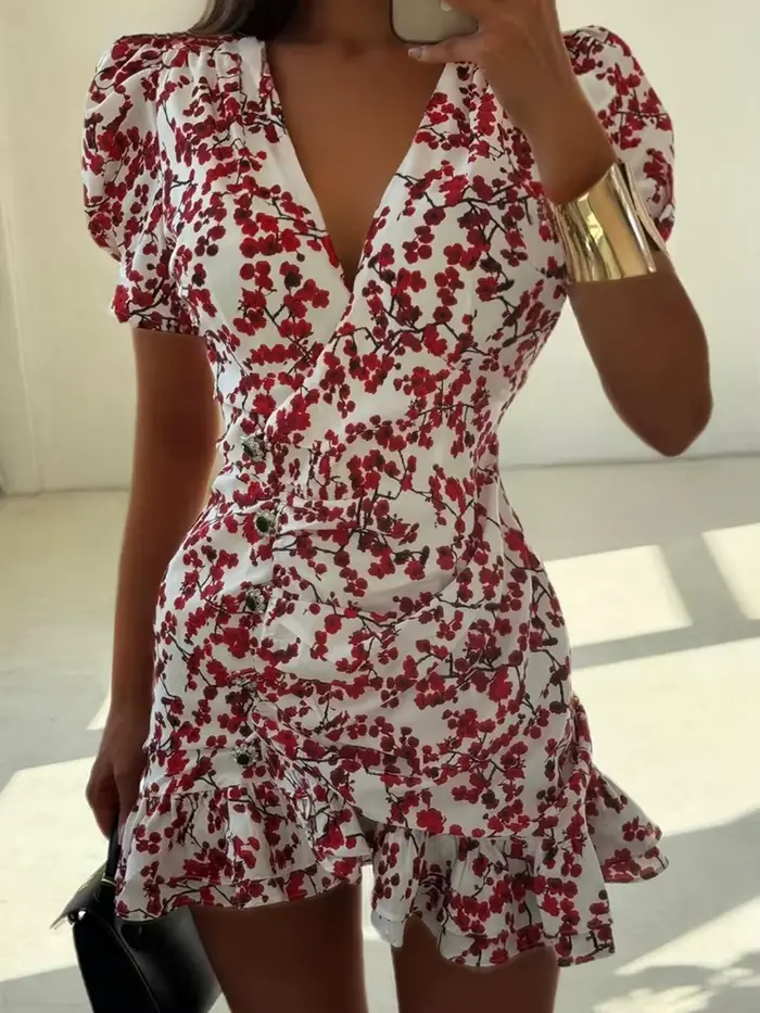 Robe d'été décontractée pour femme à taille haute, style bohème, mini-robe de plage à volants, imprimé floral vintage, robe de soirée à manches courtes