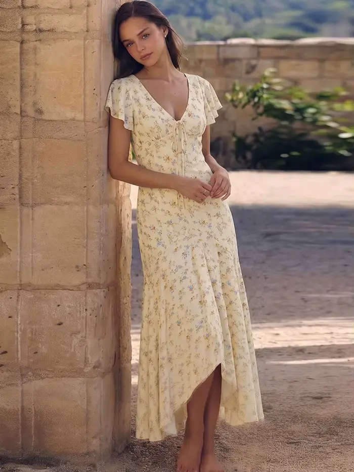 Robe longue élégante froncée Kliou imprimé floral col en V manches bouffantes taille haute style décontracté quotidien simple et tendance occassions spéciales femmes printemps été
