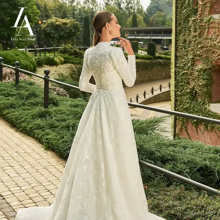 Robe de mariée musulmane 2026 à manches longues Appliques a-ligne classique princesse