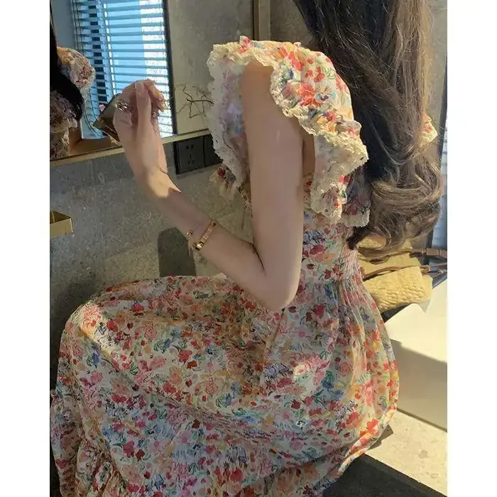 Robe longue élégante en suède douce avec impression floral pour femmes, style chic français, idéale pour vacances et occasions spéciales