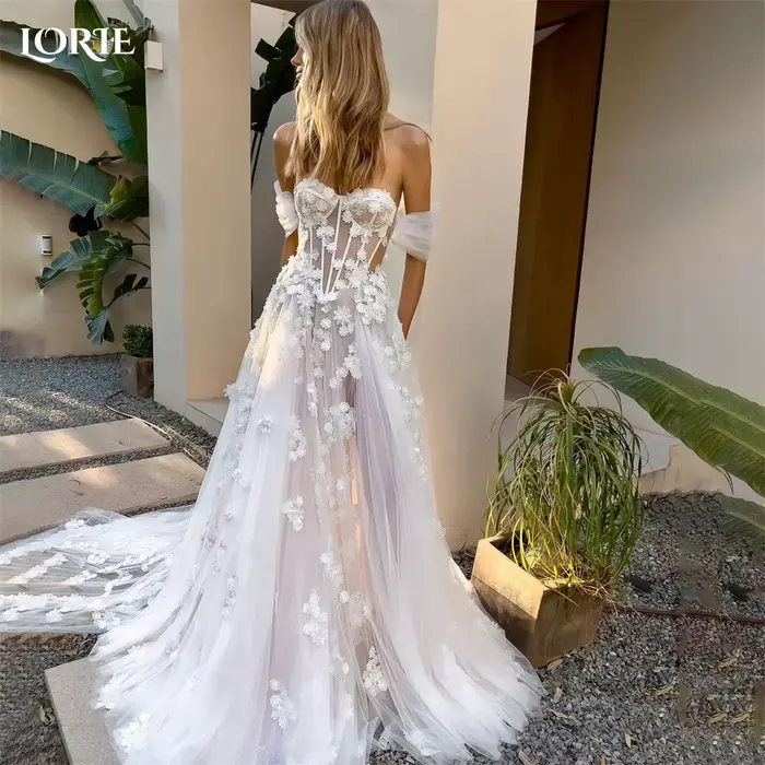 LORIE-Robes de mariée en dentelle bohème, appliques de fleurs 3D, robes de patients A-Line Off Initi