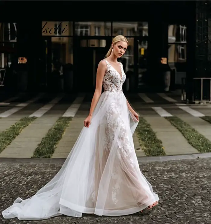 Robe de mariée 2026 élégante à bretelles spaghetti en tulle et dentelle avec appliques et perles, do