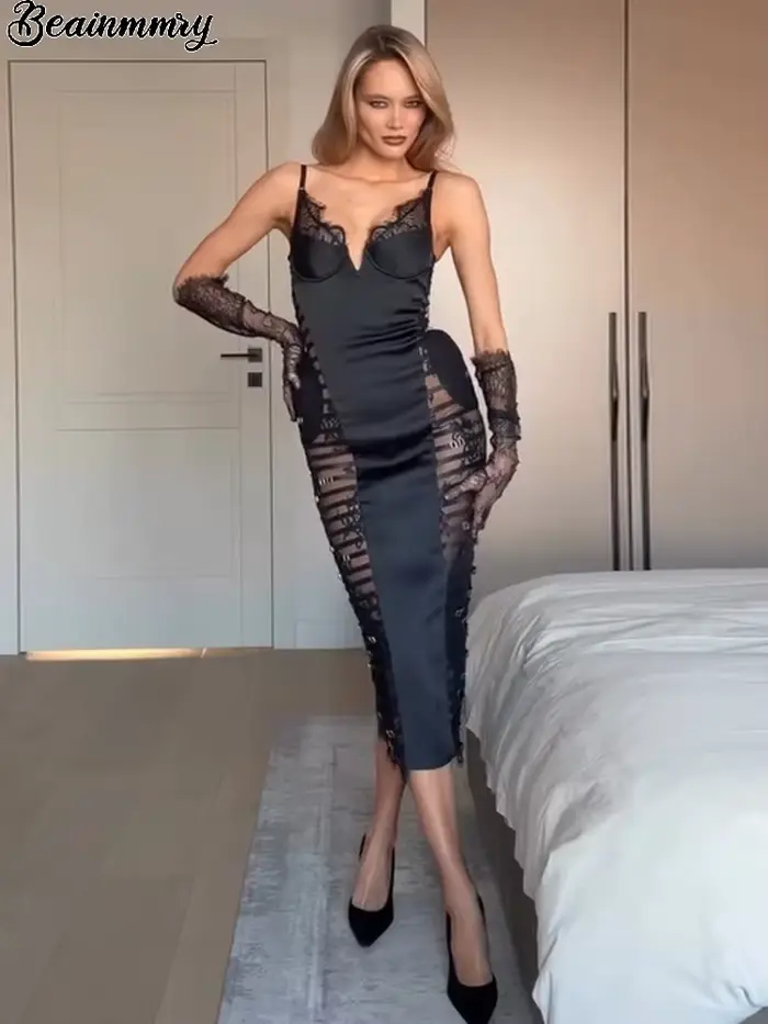 Robe Midi Sexy Noire en Satin pour Femme, Col en V Profond, Dentelle, Maille Transparente, Découpes, Fente, Moulante, Vestido 2026, Robes de Soirée et de Club