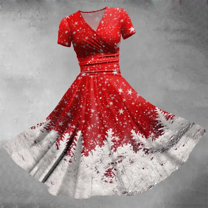 Robe trapèze à manches courtes et col en V pour femmes
