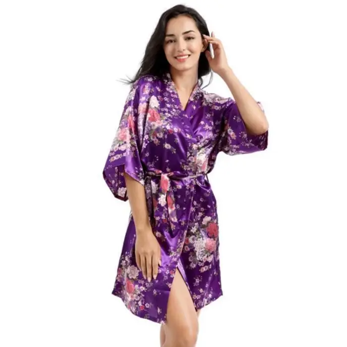 Jonquille-Robe Kimono à Fleurs en Satin Soyeux pour Femme