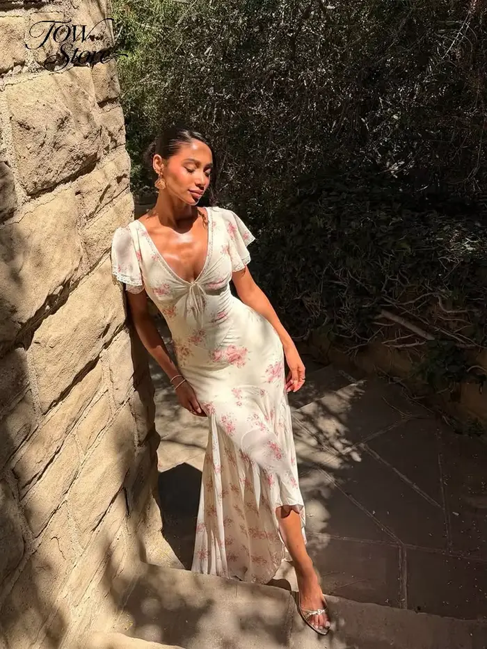 Robe longue plissée à manches volantées pour femme