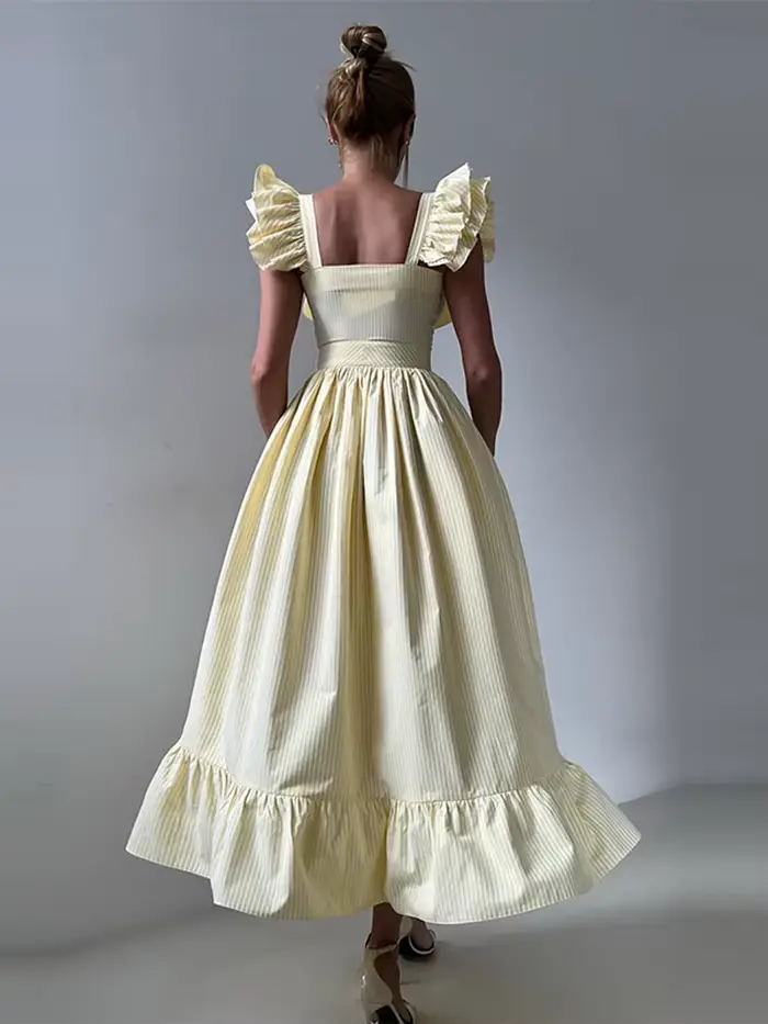 Robe longue à volants et rayures pour femmes, manches volantes, élégante, col carré, taille cintrée, plissée, robes de soirée Chic pour dames