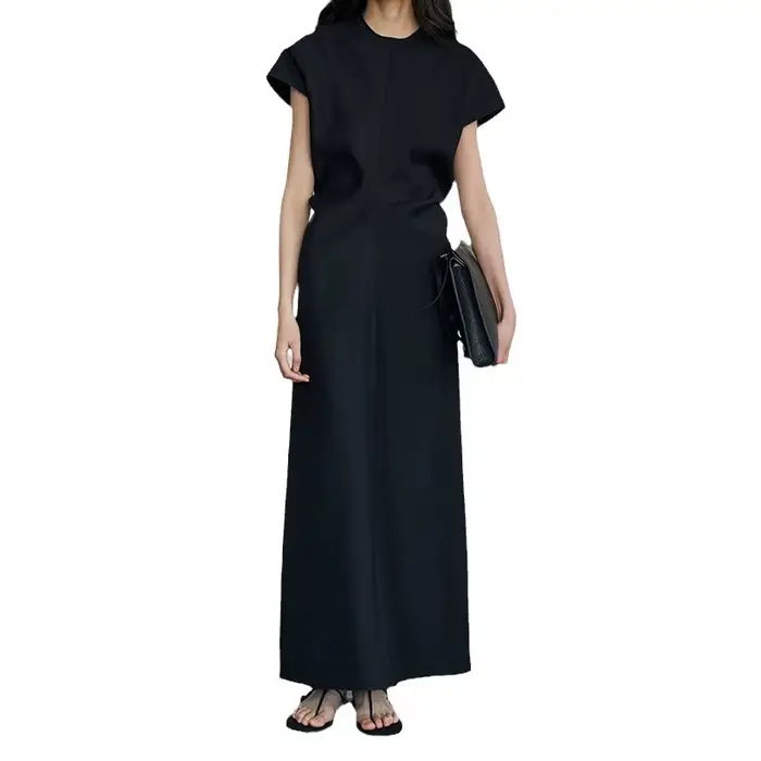 Robe longue beige à manches courtes, décontractée et élégante, avec taille cintrée, coupe trapèze, pour femme, idéale pour l'été et le bureau
