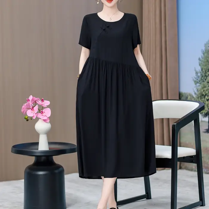 Robe vintage décontractée à manches courtes col rond impression florale ample pour femmes occasions spéciales été 2025