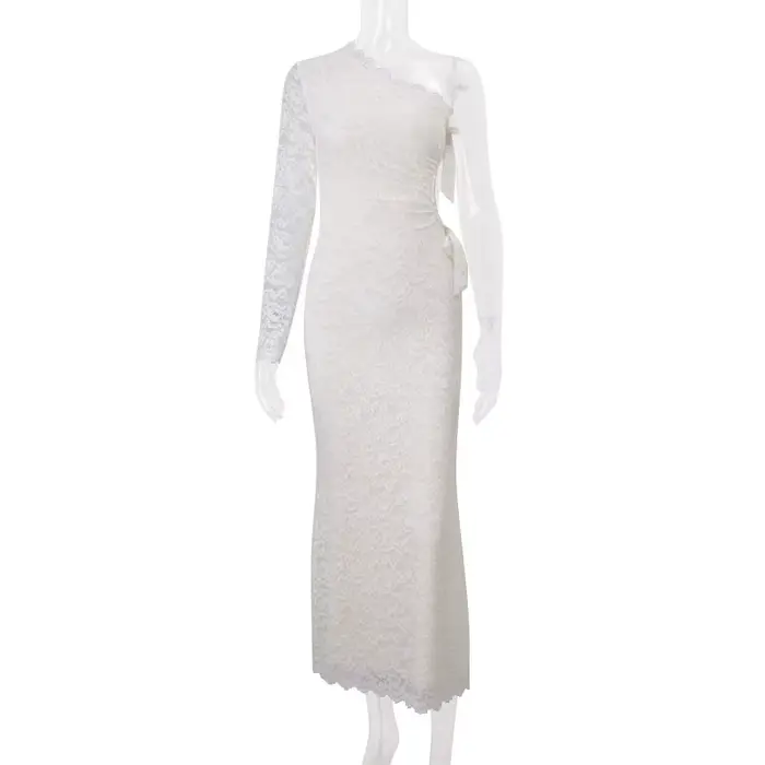 Robe longue blanche transparente en dentelle, sexy, à taille évidée, moulante, épaules dénudées, jup