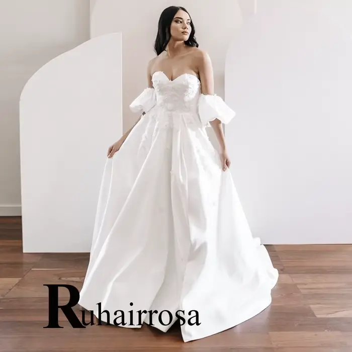 Ruhair Robe De mariée moderne pour femmes bouton a-ligne Satin Appliques hors De l'épaule Robe De so