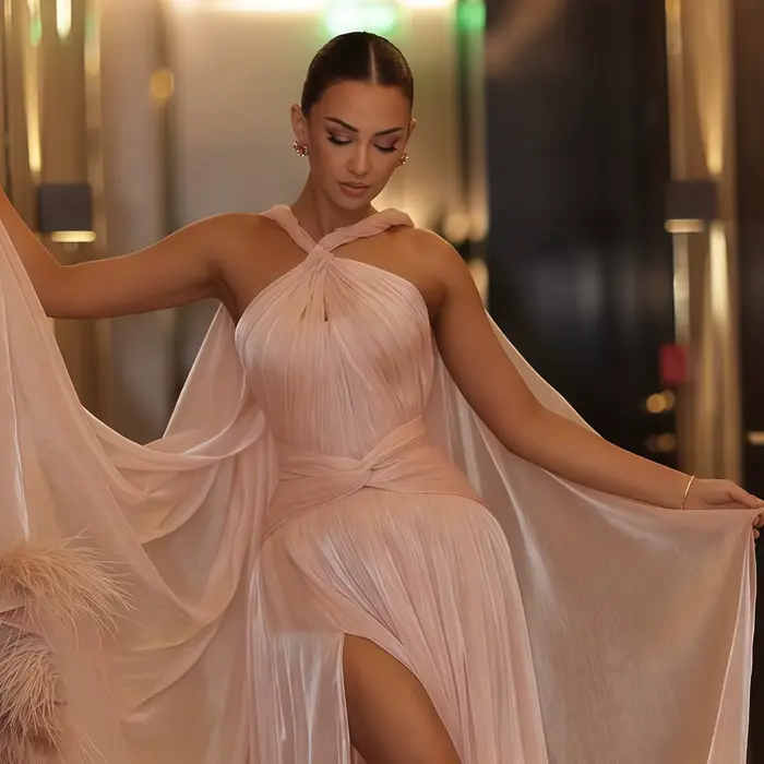 Robe de soirée élégante en polyester rose avec manches cape à plumes pour femmes occasions spéciales et événements luxueux