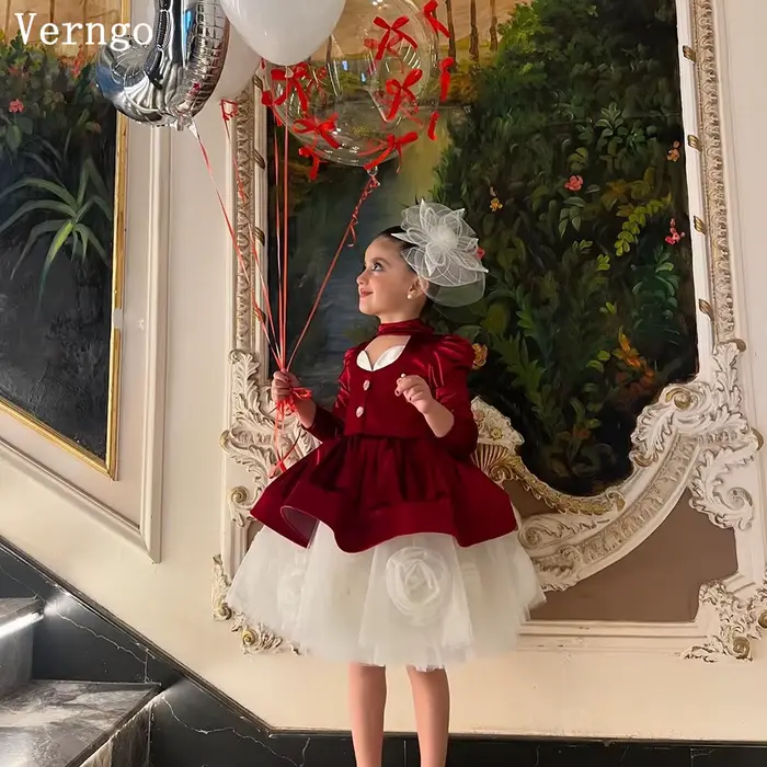 Verngo-Robe Tutu Rouge à Fleurs 3D pour Fille