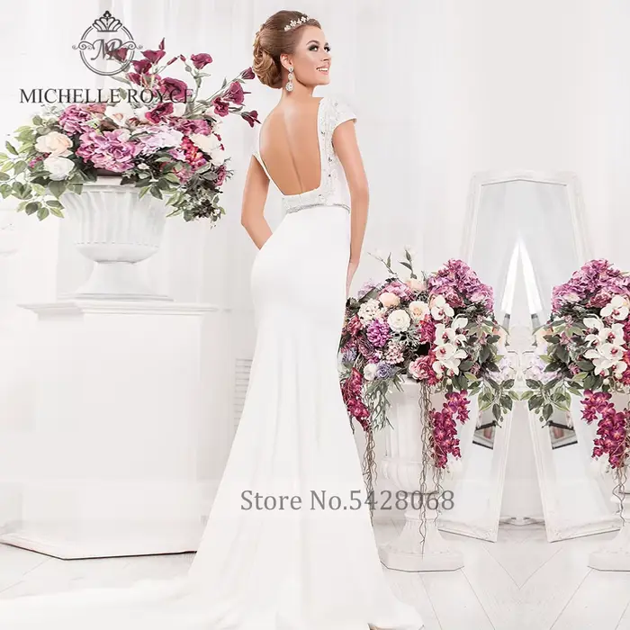 Michelle Royce sirène robes De mariée Scoop manches courtes dos nu perlé Court Train