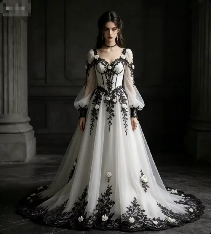 Robe de mariée gothique victorienne romantique sombre, blanche avec manches longues bouffantes en tu