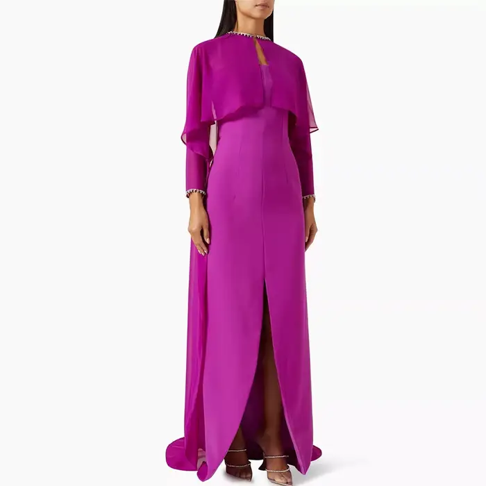 Robe de soirée en polyester crêpe satiné avec bretelles cristaux et cape fendue pour femmes occasions formelles chic