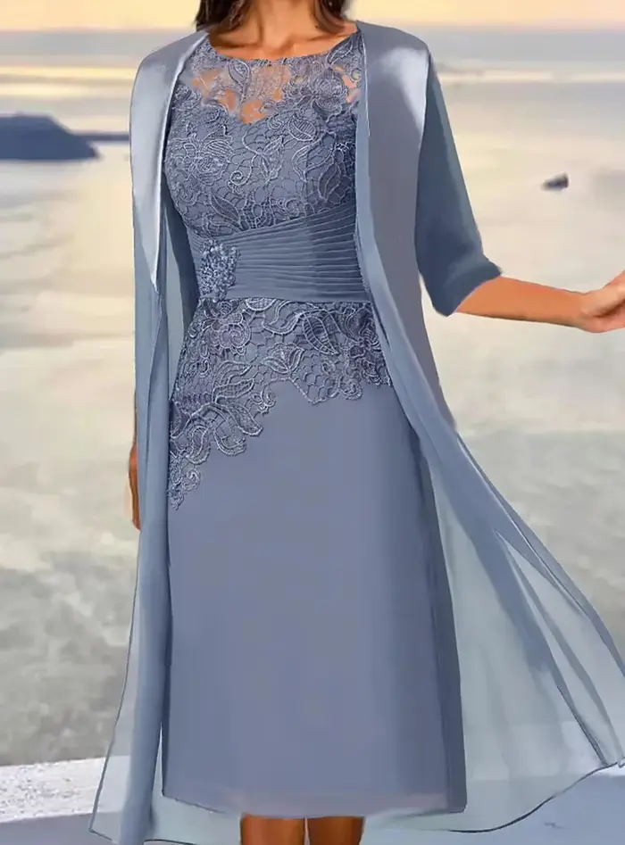 Robe de mère de la mariée en mousseline bleu poussiére