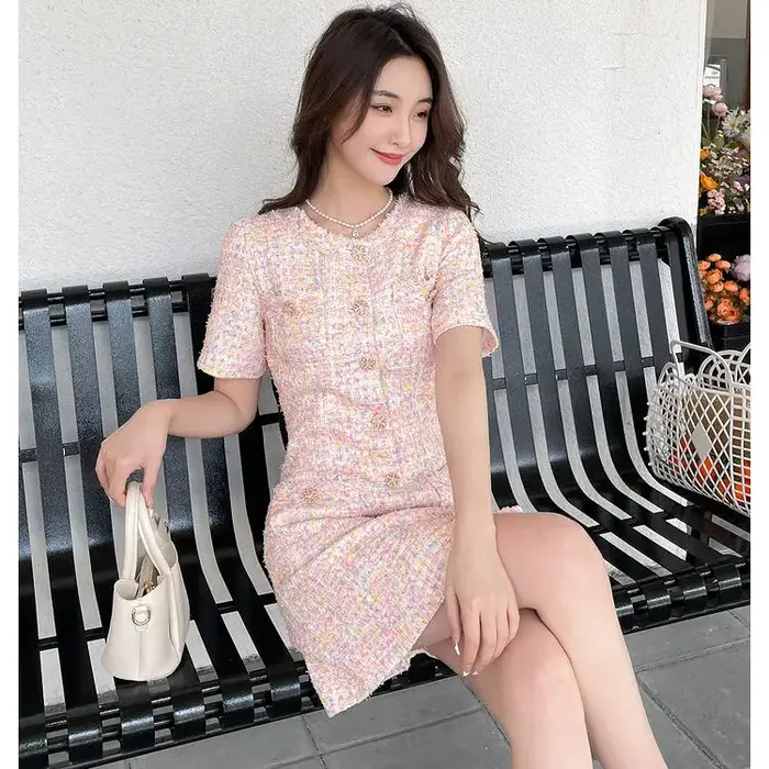 Robe pull en tweed pour femme junior style preppy coupe cintrée rose polyvalente automne printemps été 2025