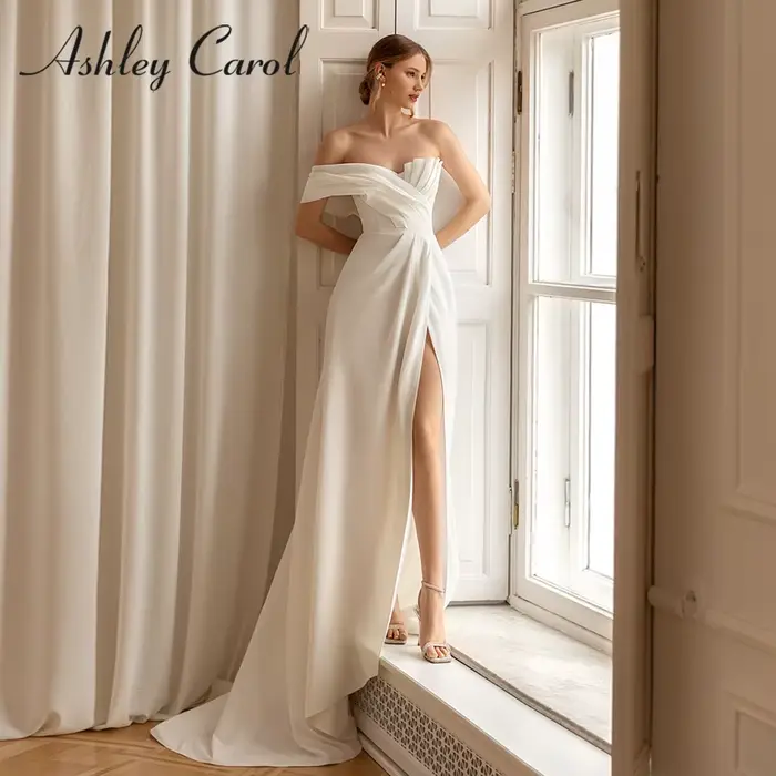 Ashley Carol BOHO robes De mariée pour femmes élégant bretelles brosse Train Organza a-ligne fente-ourlet robe