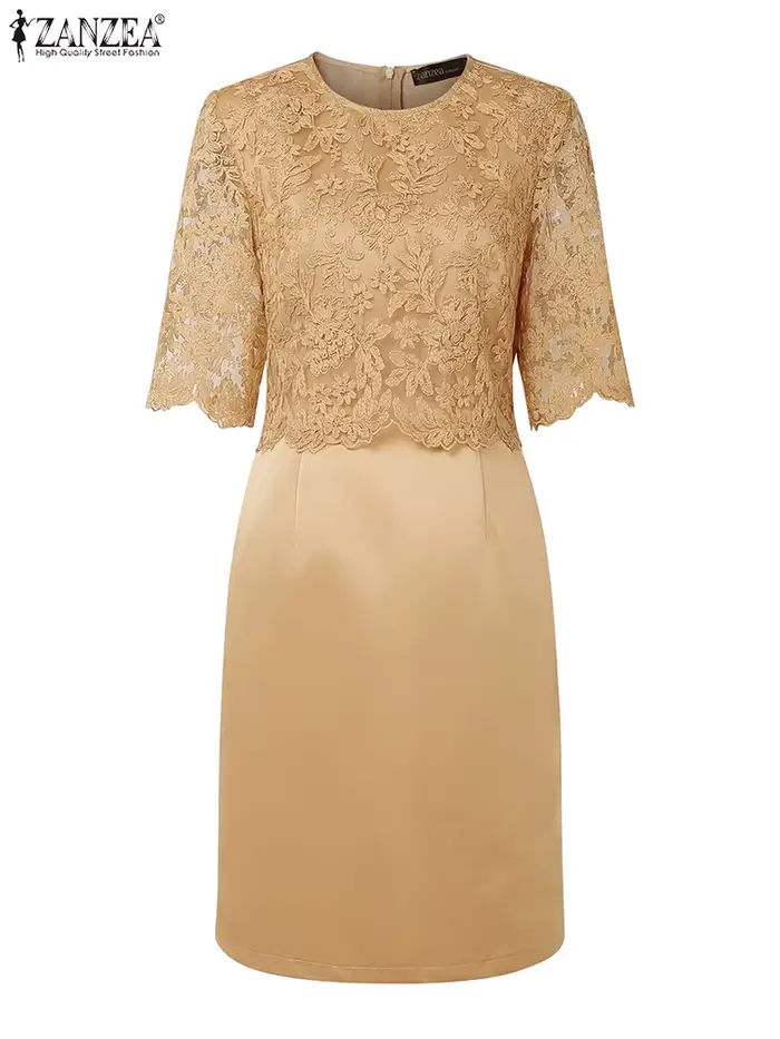 Robe élégante en polyester avec dentelle pour femmes, style bureau-dame, longueur aux genoux, col rond, fermeture éclair, occassions spéciales
