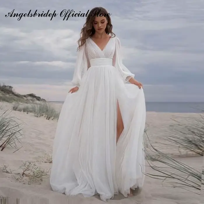 Robe de Mariée en Tulle à Manches sulf, Tenue Personnalisée, Sexy, avec Traîne Fendue, Simple, pour 
