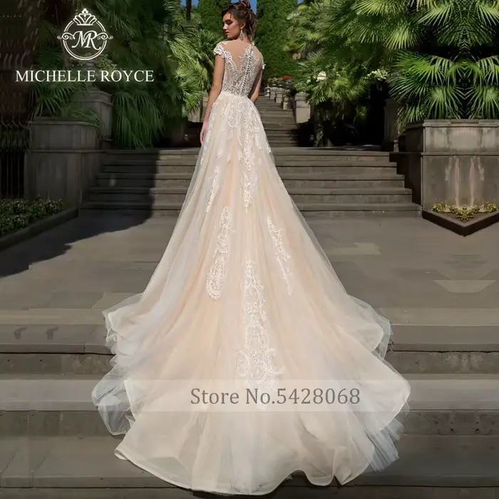 Robe de mariée Michelle Royce moderne avec train détachable, décolleté cuillère, broderie et dentelle, pour femmes enceintes et occasions spéciales