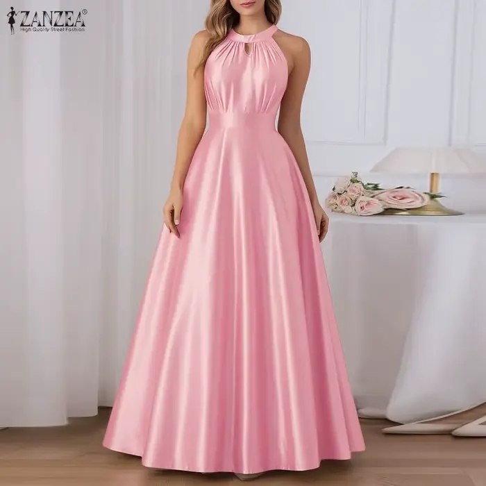 ZANZEA Robe longue élégante en satin pour femme, col halter, sans manches, coupe trapèze, pour cocktail, soirée ou invitée de mariage