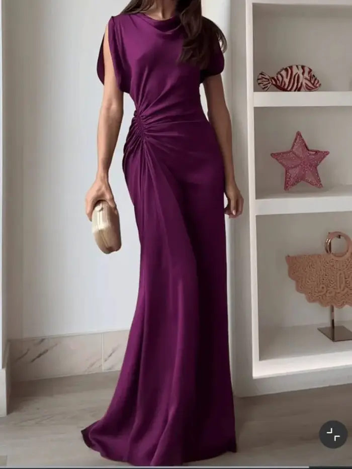 Robe ELSVIOS élégante et décontractée pour femmes, col rond, coupe cintrée, polyester uni, longue, occasions spéciales printemps été
