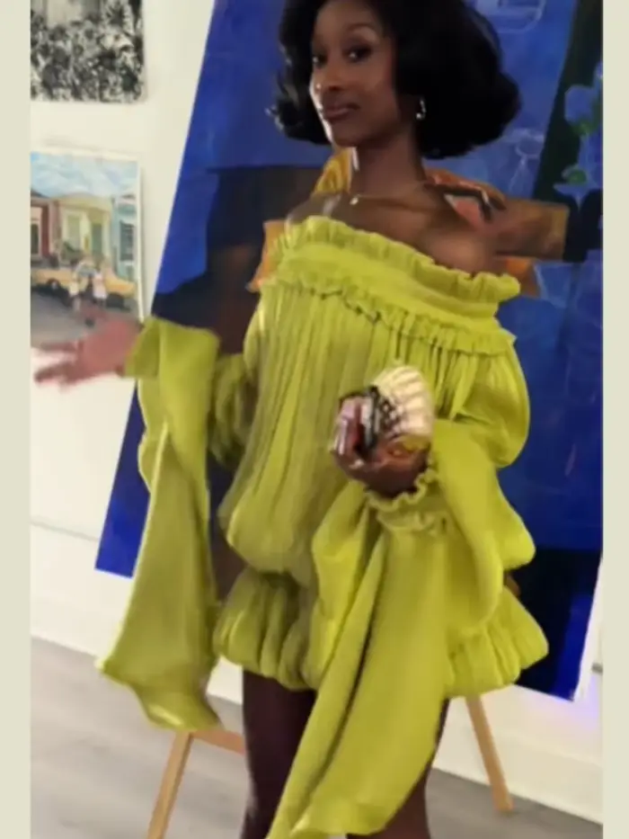 Robe Courte Plissée Vert Citron Épaules Dénudées Chic Taille Froncée Effet Bulle Vistidos Femme Manches Longues