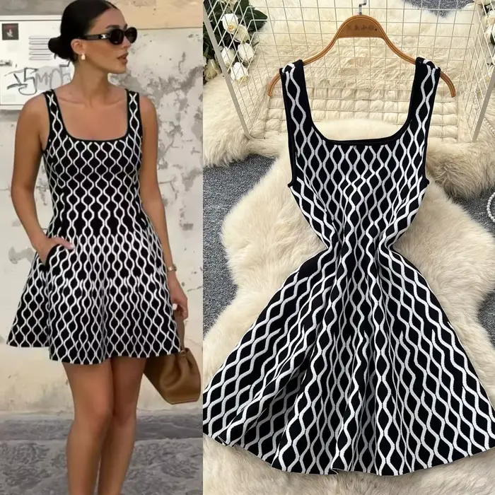 Robe Courte Femme Coupe Trapèze Y2K Streetwear Sans Manches Imprimée Sexy Taille Cintrée Élégante Épissée Soirée Travail 2026