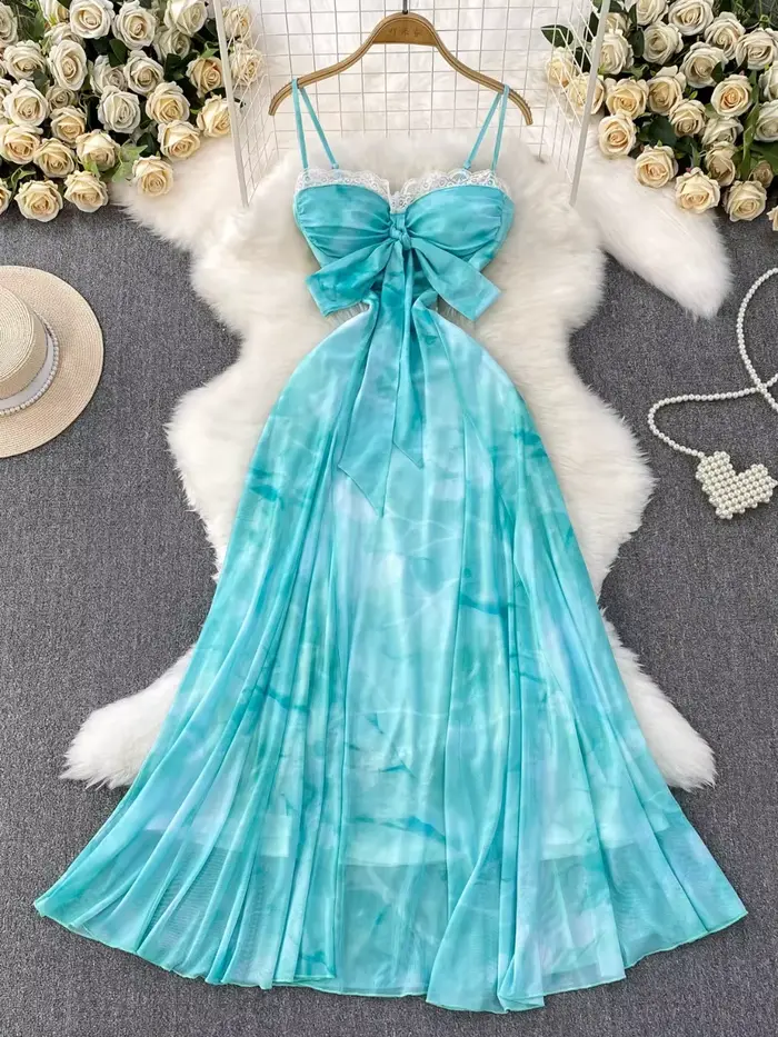 Foamlina lac bleu plage vacances robe femmes été magnifique Sexy dentelle licou cravate taille fée Maxi longues robes