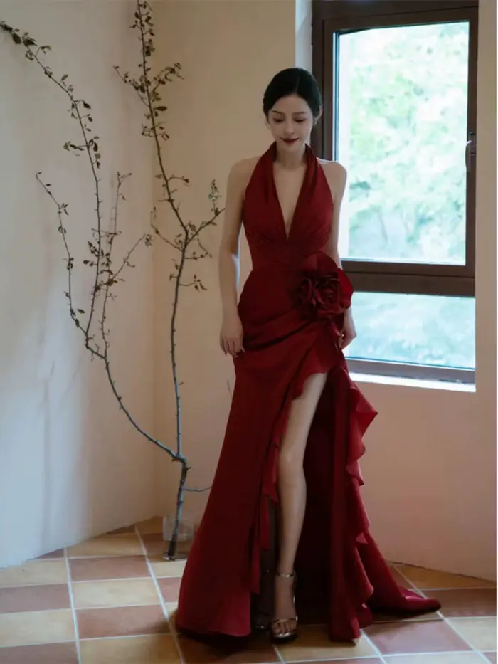 Col en v vin rouge robe de mariée mariée fiançailles Toast robe du matin spectacle de voiture hôte S
