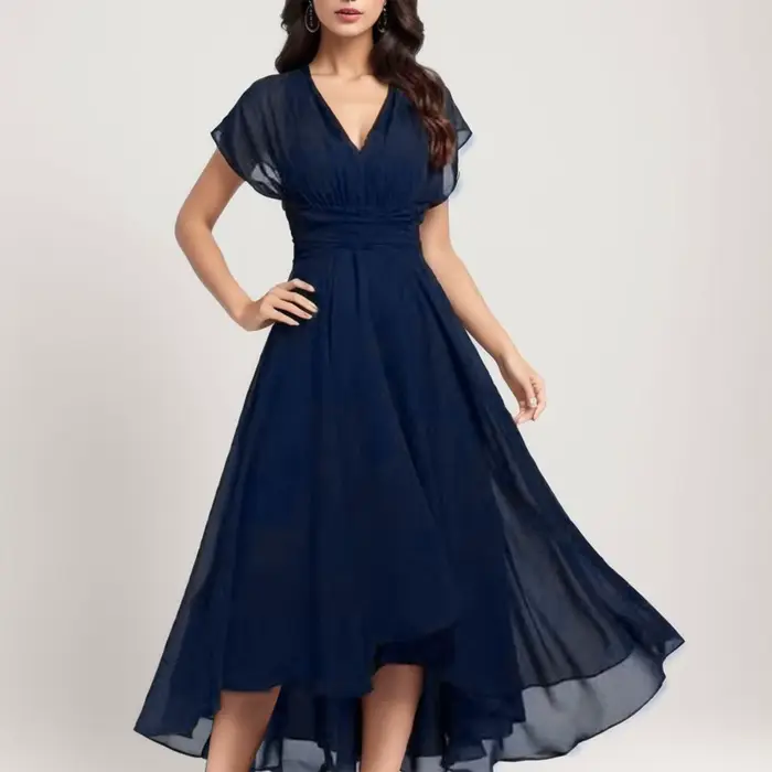 Robe longue en mousseline de soie pour femmes, robe de demoiselle d'honneur, élégante, col en V, min