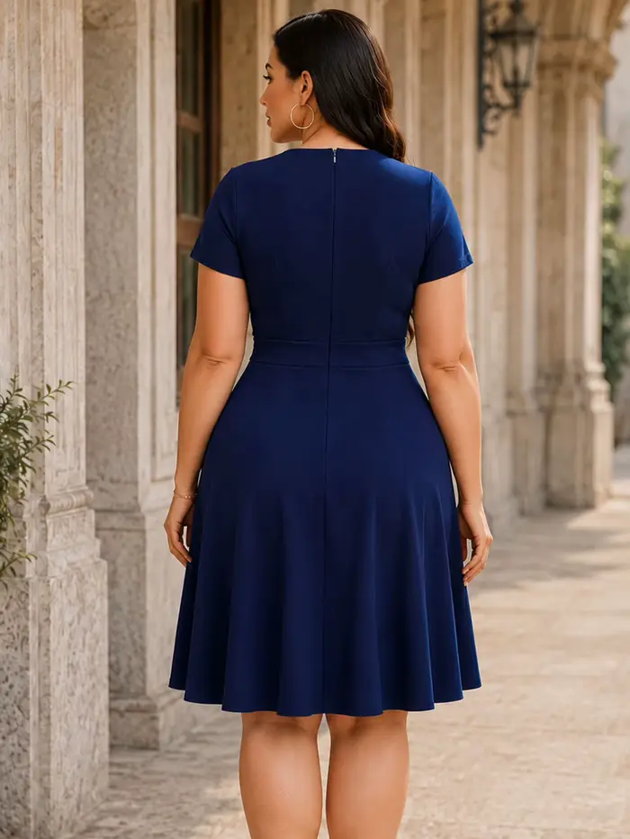 Robe trapèze élégante à manches courtes et col rond pour femmes grandes tailles
