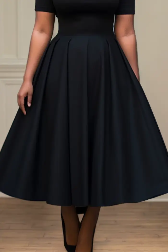 Femmes grande taille robe noire à manches courtes été décontracté plissé a-ligne basique longue