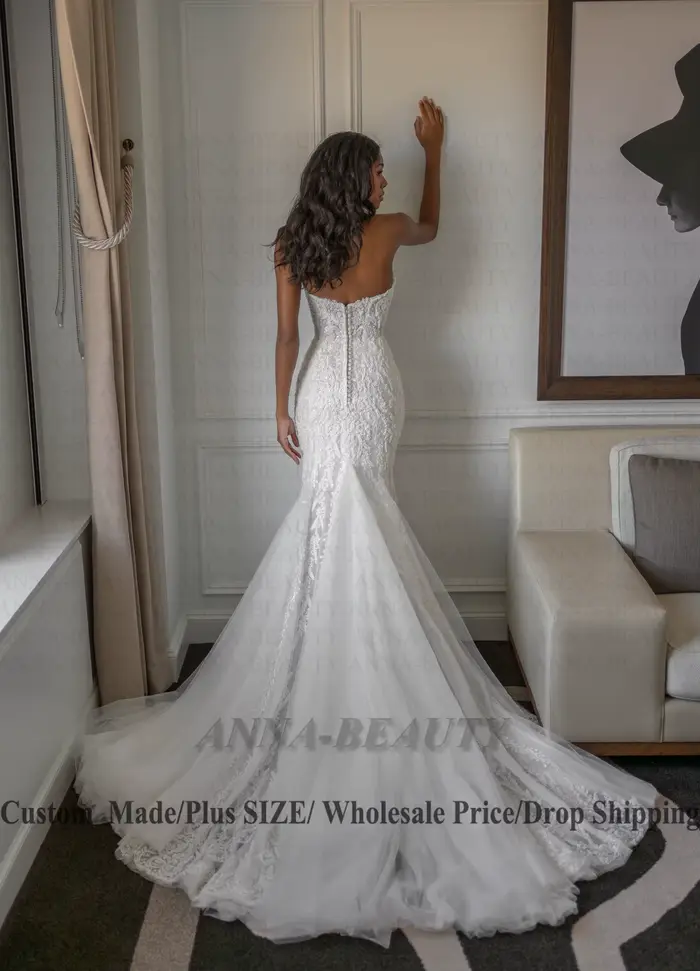 Anna Charmante Robe de Mariée pour Femme, Sirène Chérie, Fermeture Éclair en Fibre avec Bouton, Tulle, Traîne de Balayage Personnalisée