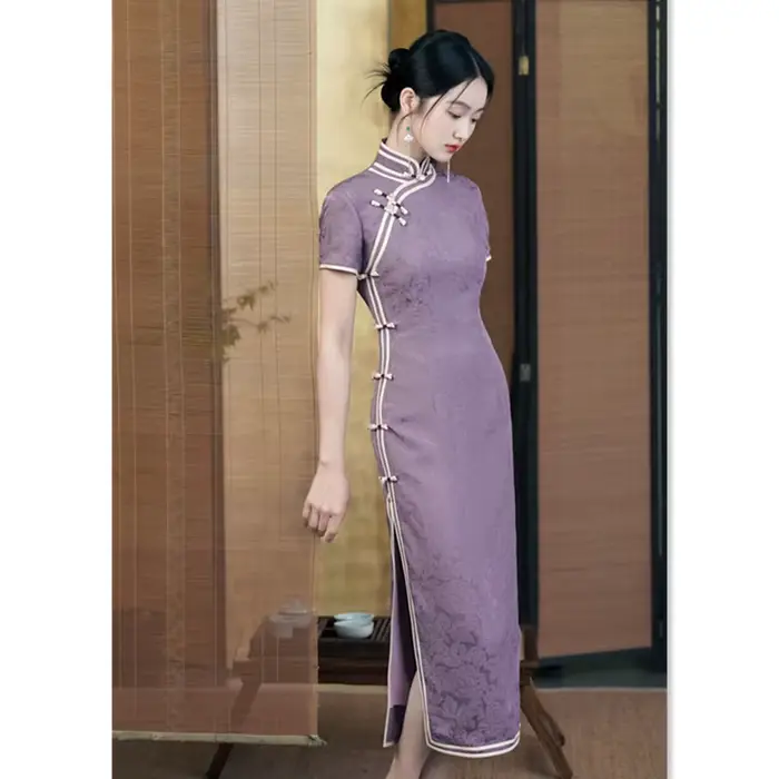 Qipao-Robe Longue à Manches Courtes en Jacquard pour Femme